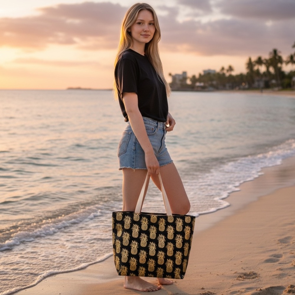 NEW Black & Gold Metallic Pineapple Print Hawaii Aloha Beach Tote Laptop Bag